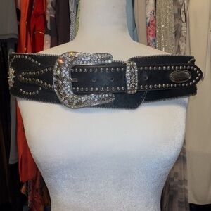 Studded Black Belt with Rhinestone Buckle